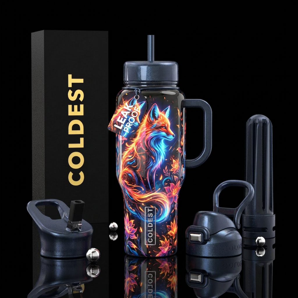 Flaming fox water bottle design
