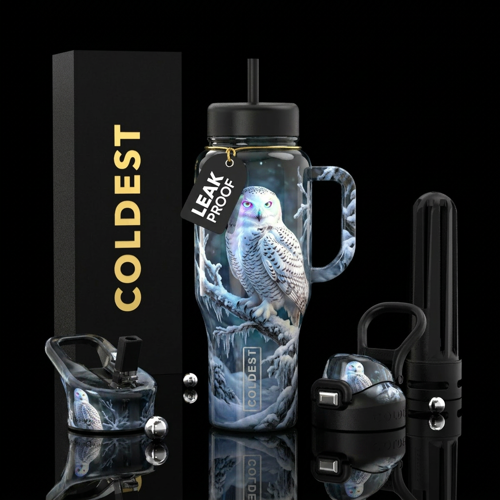 Snowy owl water bottle design