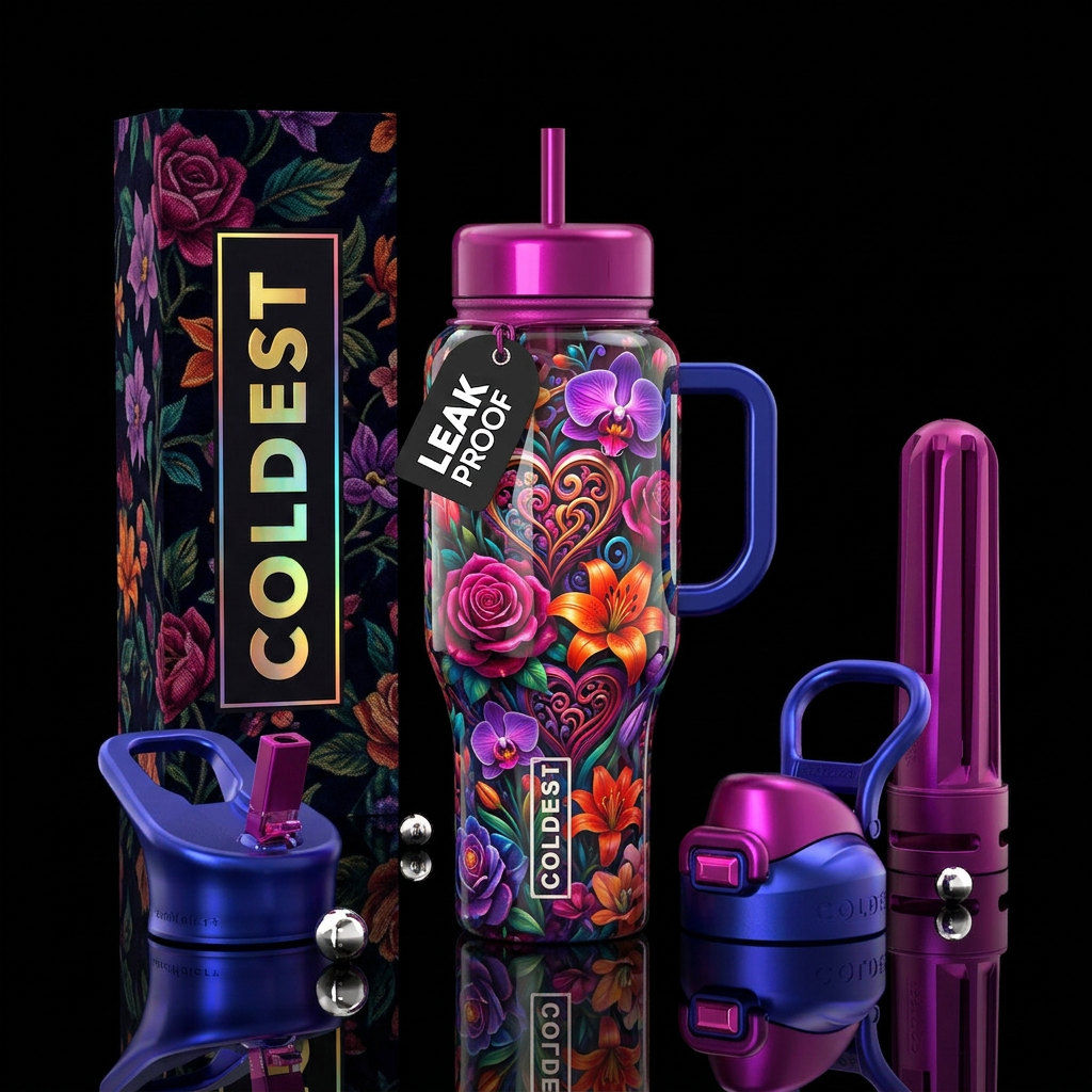 Hearts and flowers blend water bottle design