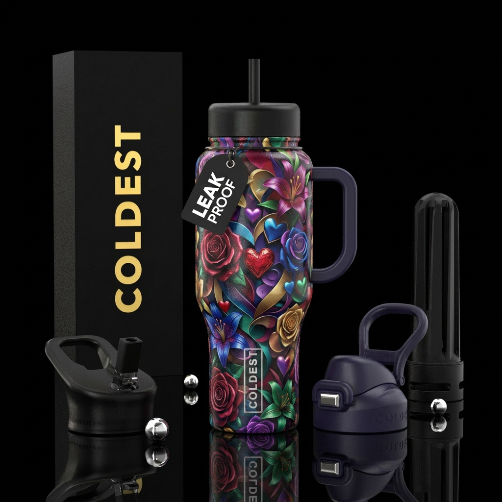 Hearts, flowers and ribbons collide water bottle design