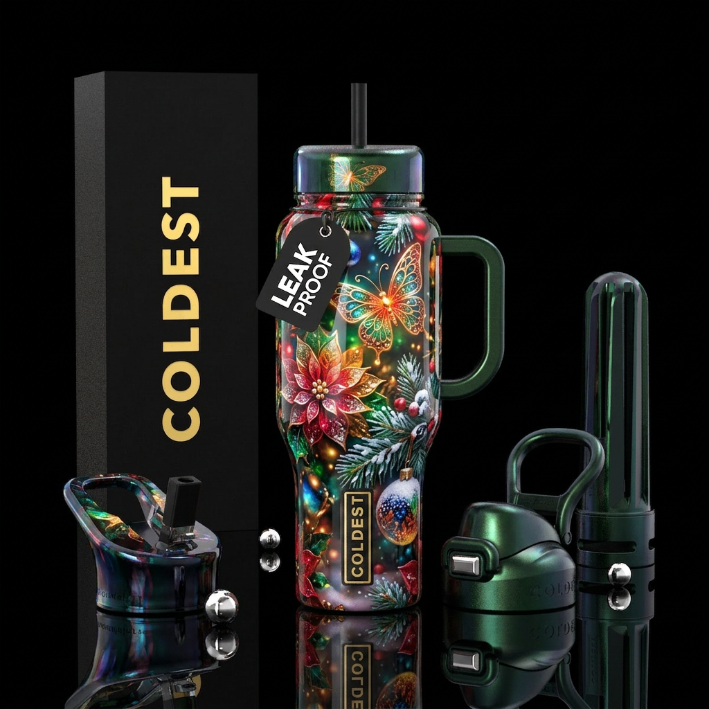 Christmas flowers and butterflies water bottle design