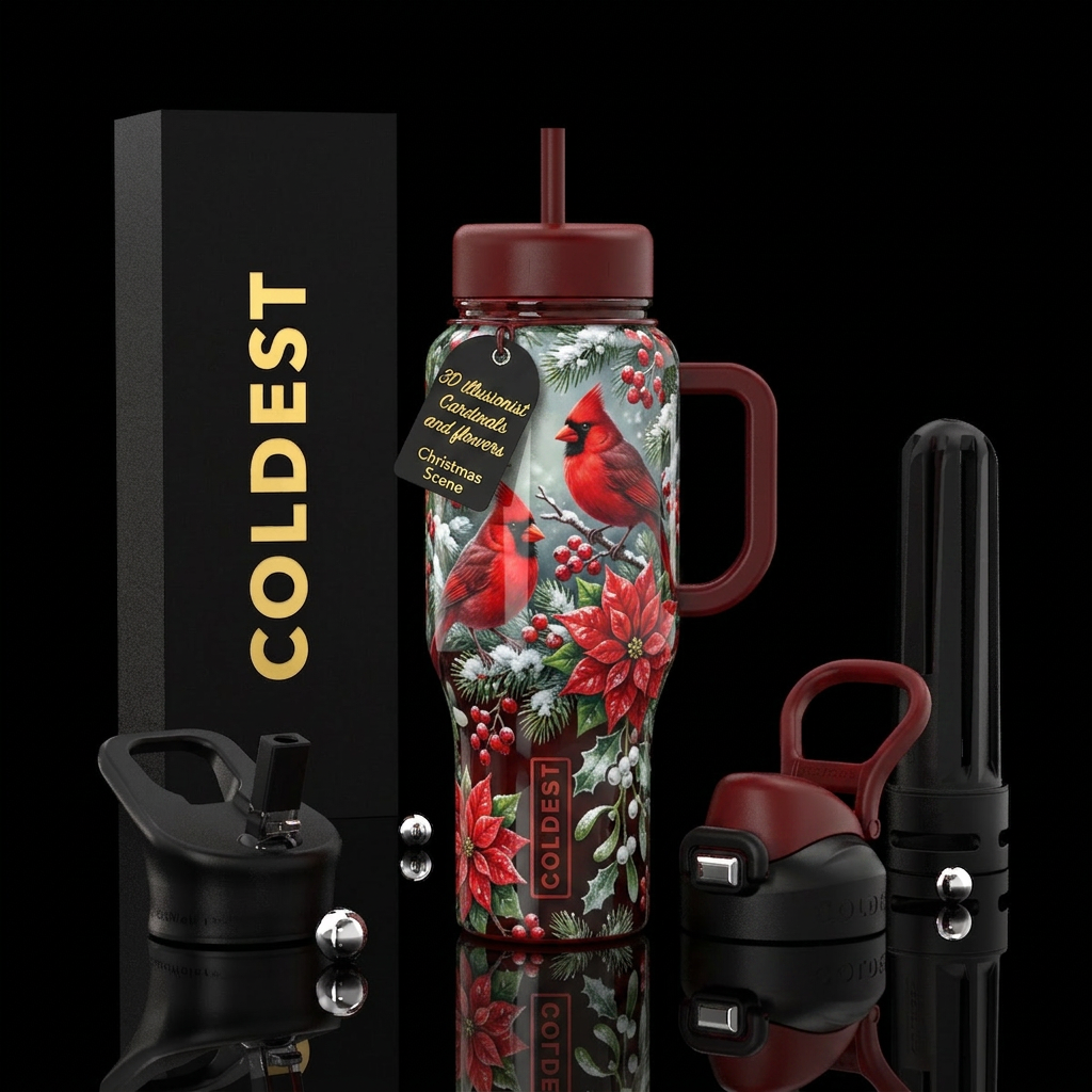 Christmas Cardinals and flowers water bottle design
