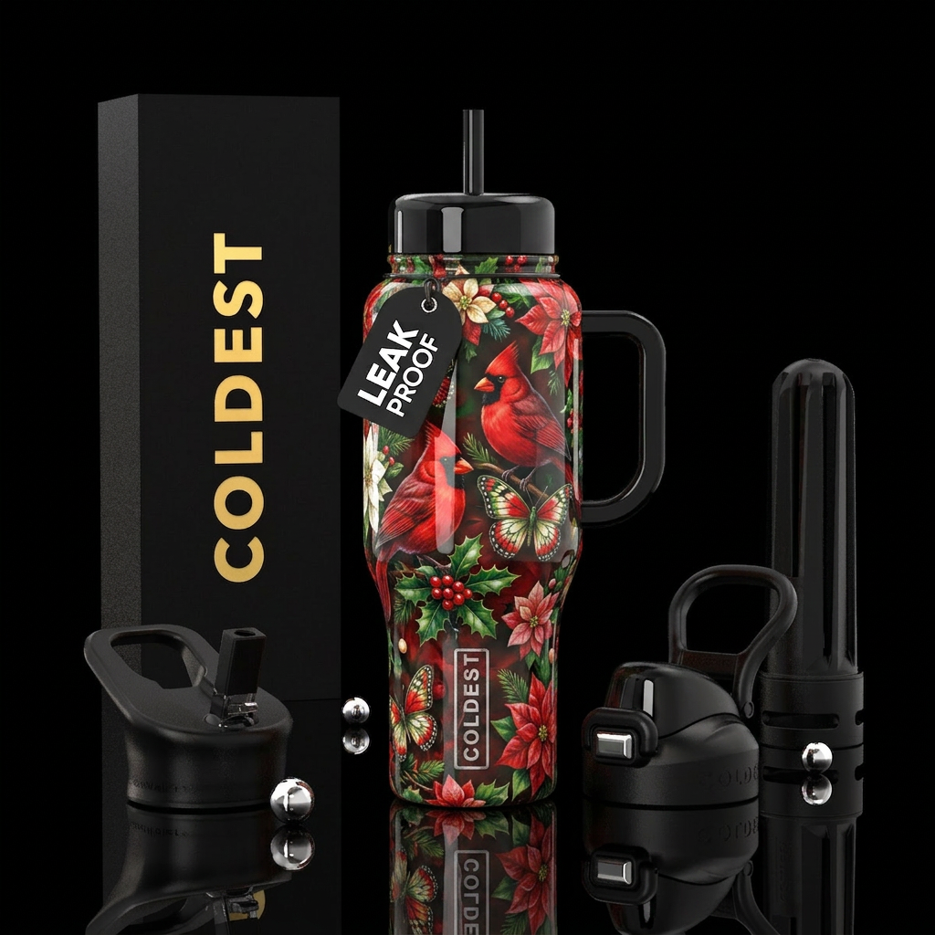 Cardinals butterflies and flowers water bottle design