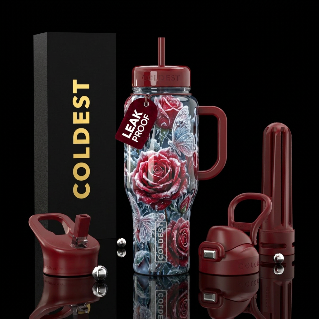 Snow covered roses and butterflies water bottle design