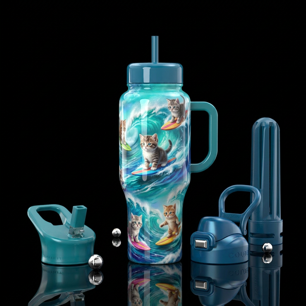 The surfing kittens water bottle design