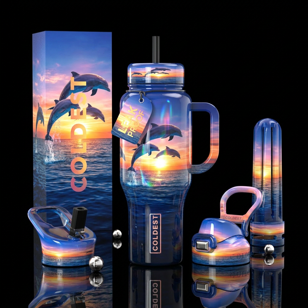 Dolphins in the sunset water bottle design