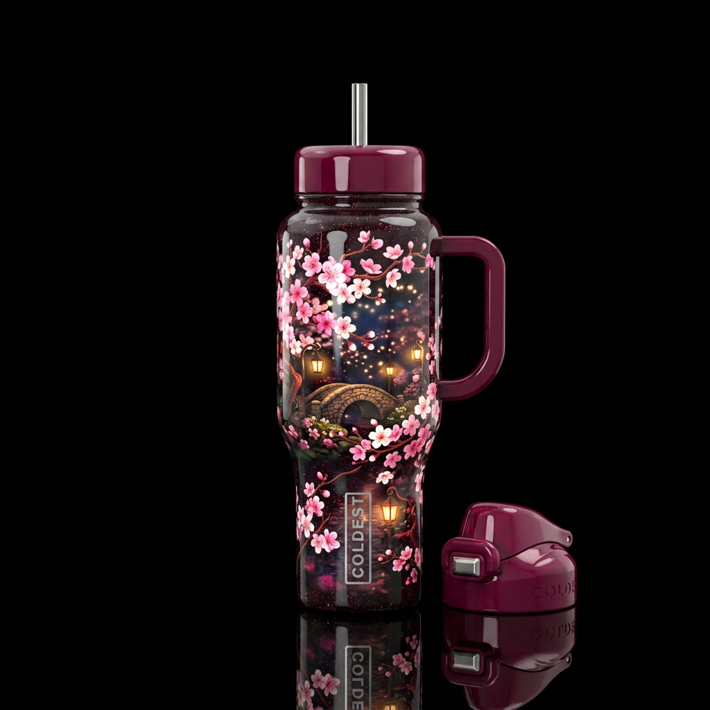 Midnight cherry blossoms water bottle design