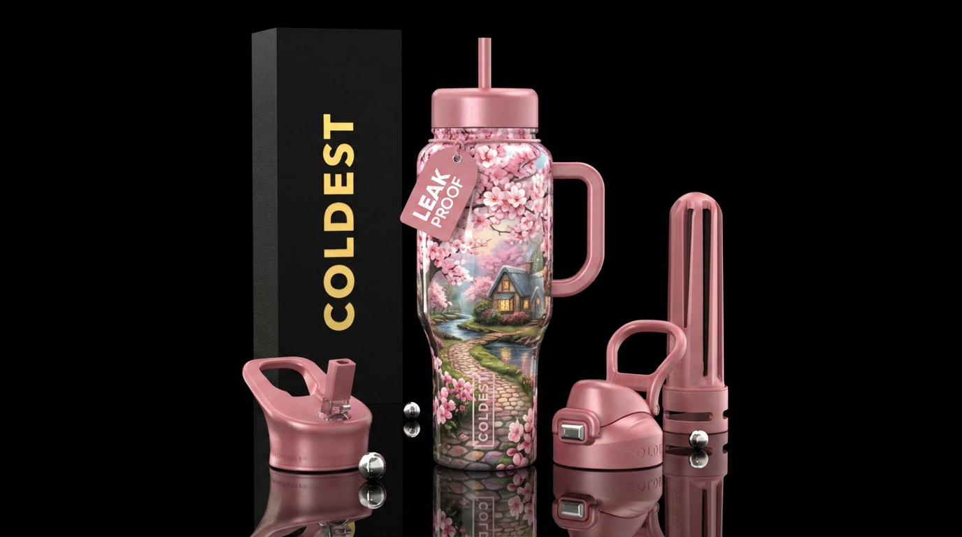 Cherry blossoms and cottage water bottle design