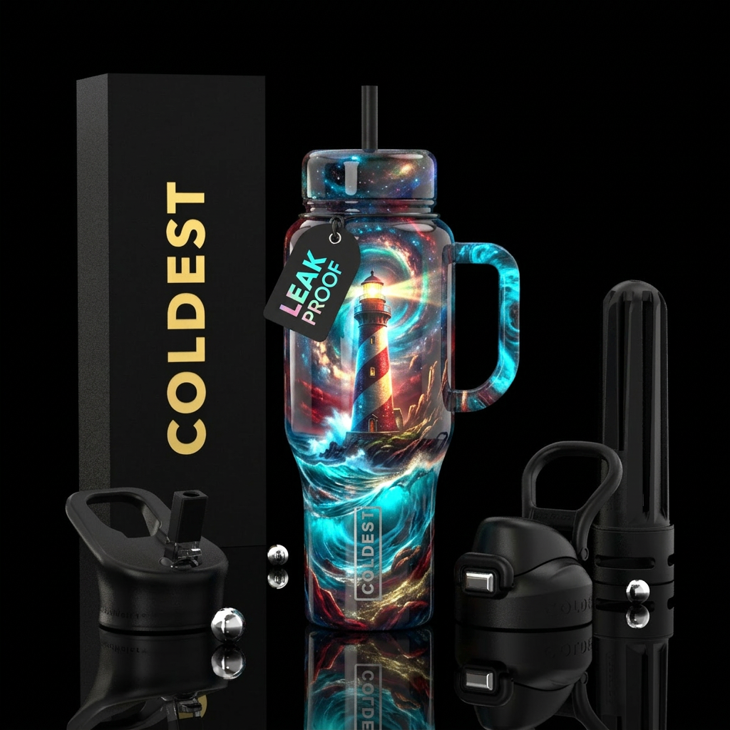 beautiful lighthouse scene water bottle design