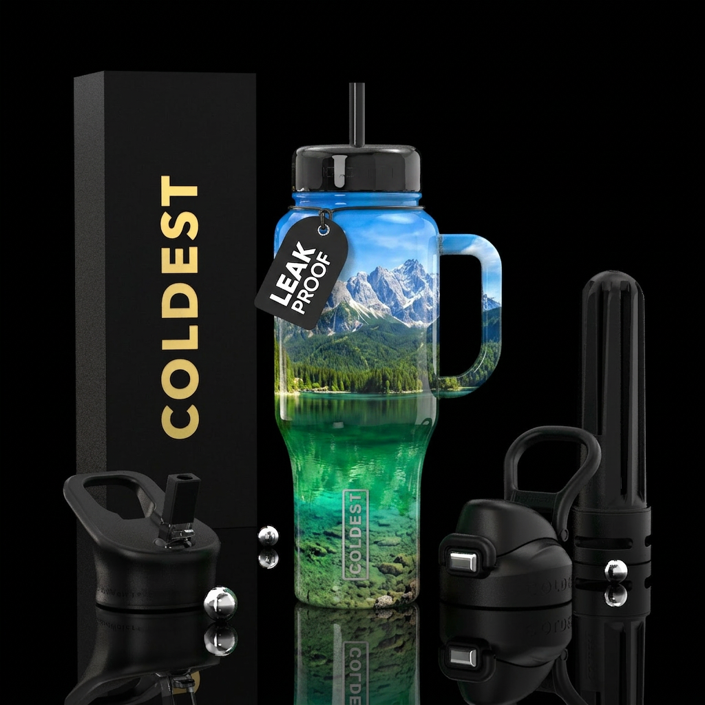 Serene mountain scene water bottle design
