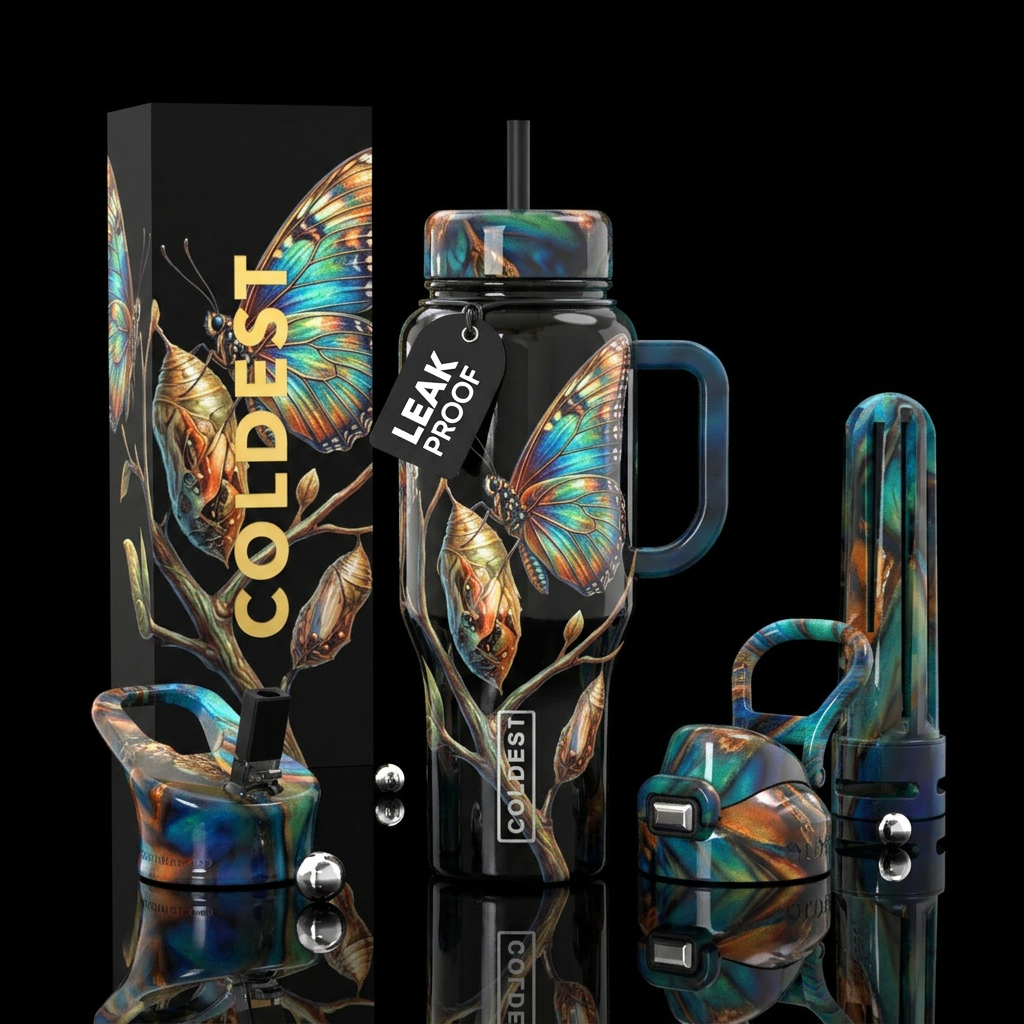 Butterflies emerging from Cacoon water bottle design