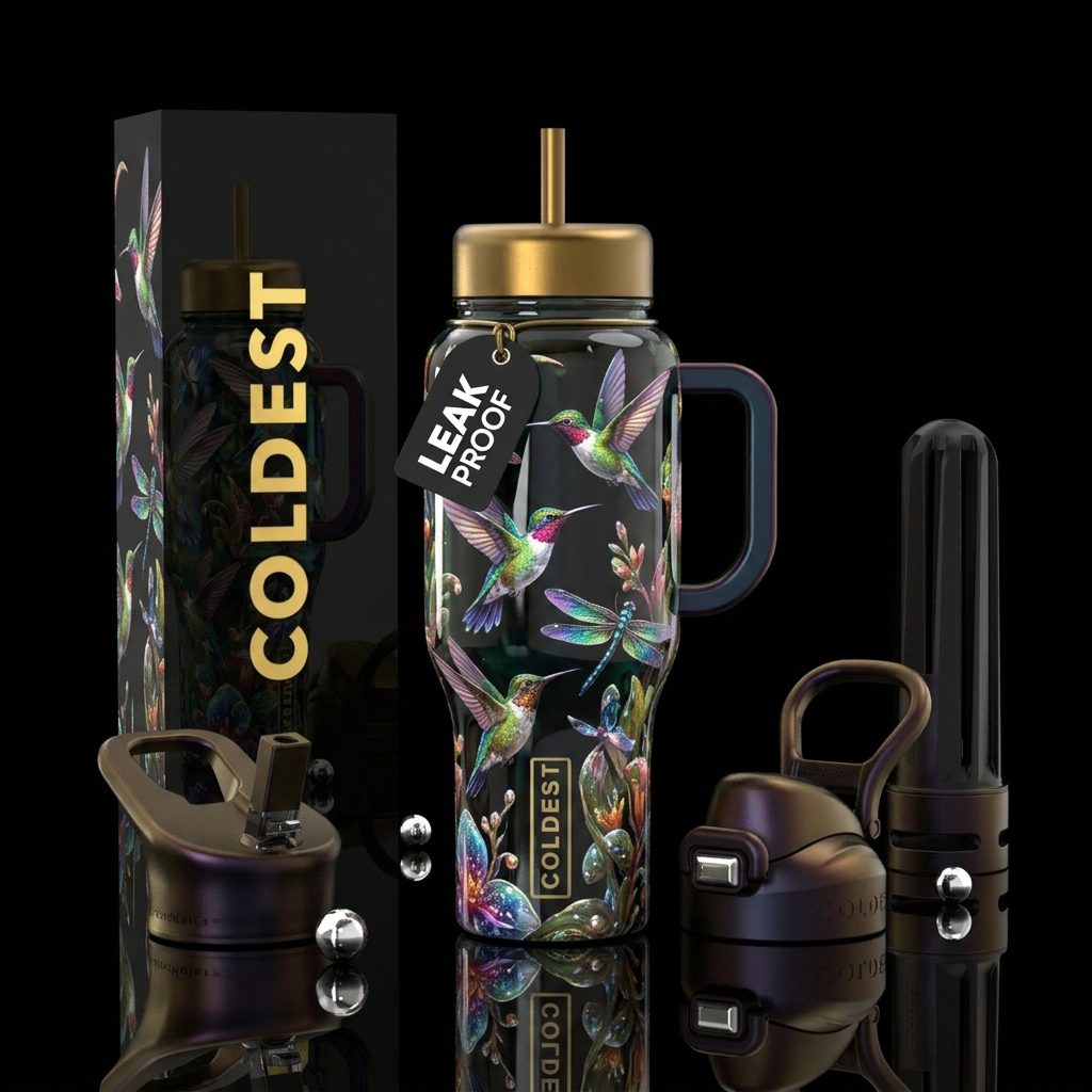 Hummingbirds and dragonflies water bottle design