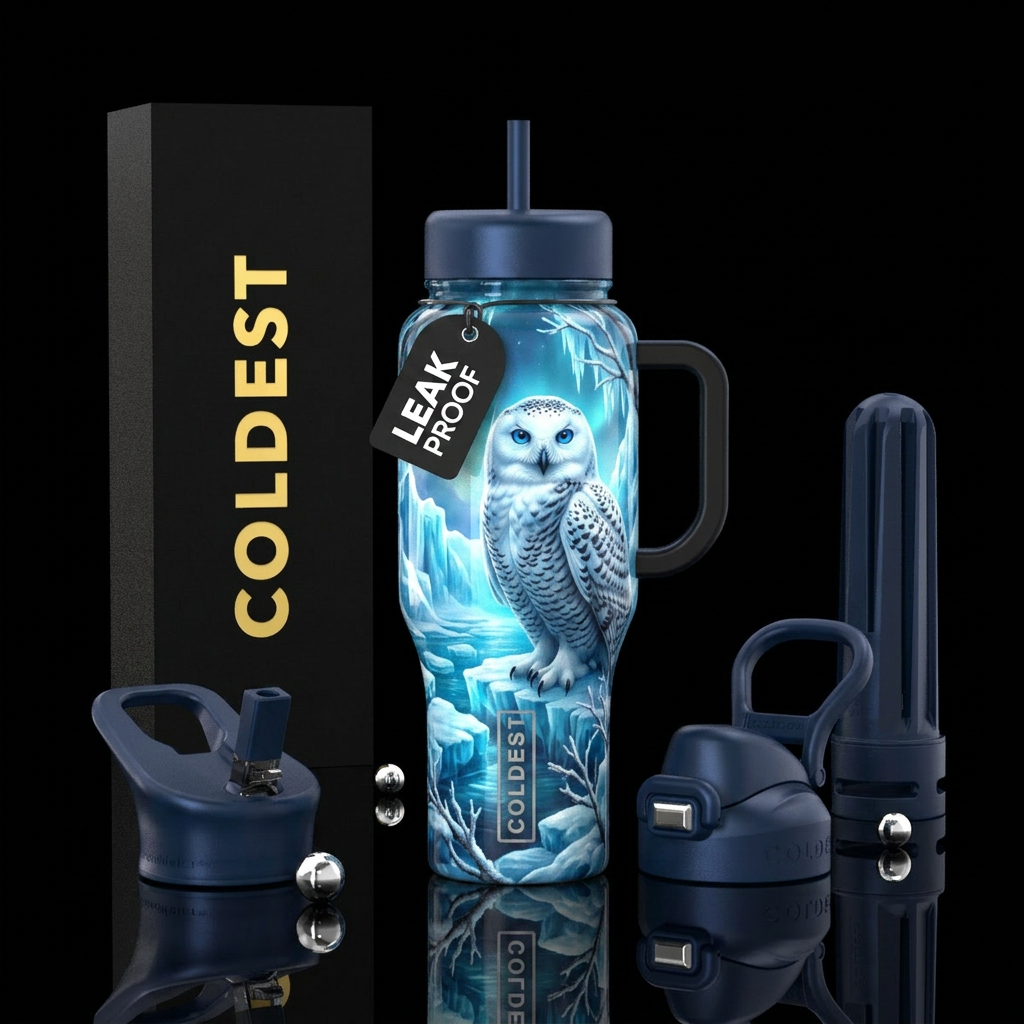Snowy owl water bottle design