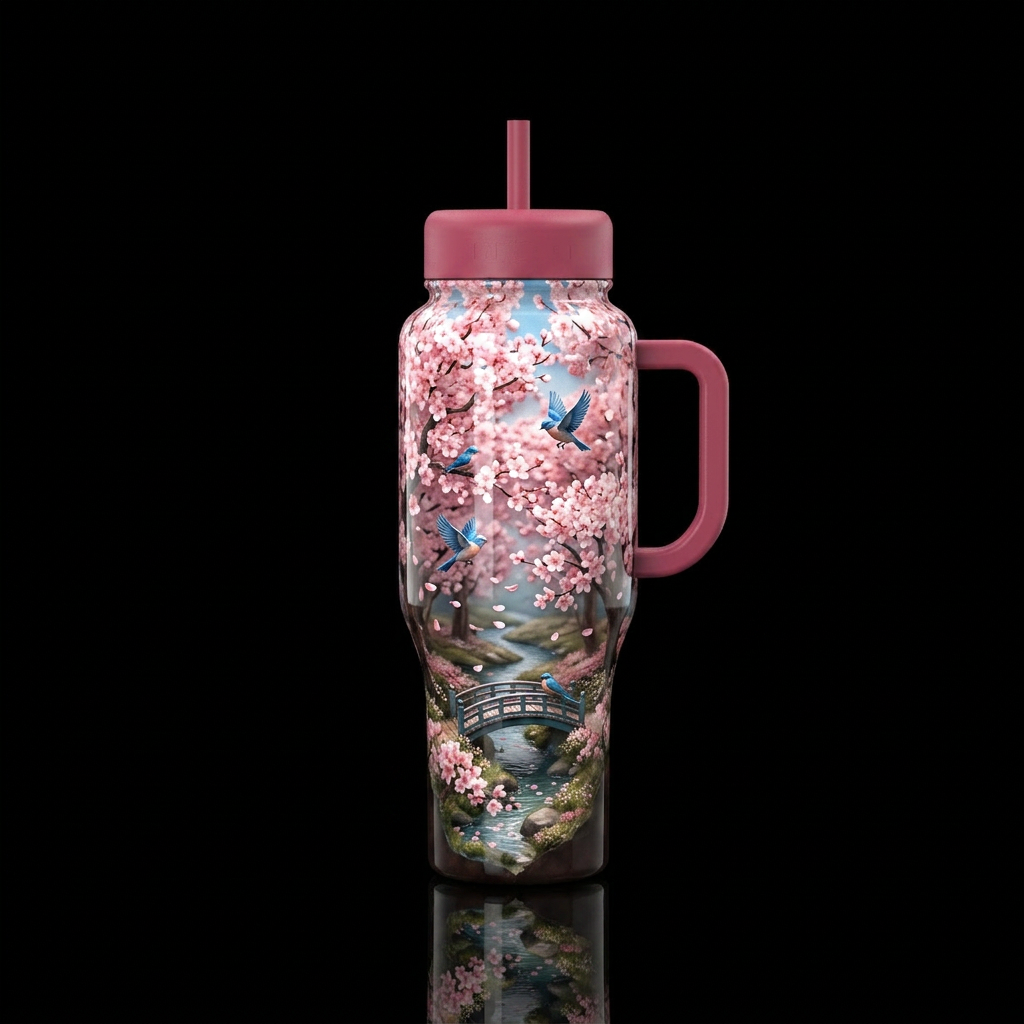 Blue birds and cherry blossoms water bottle design