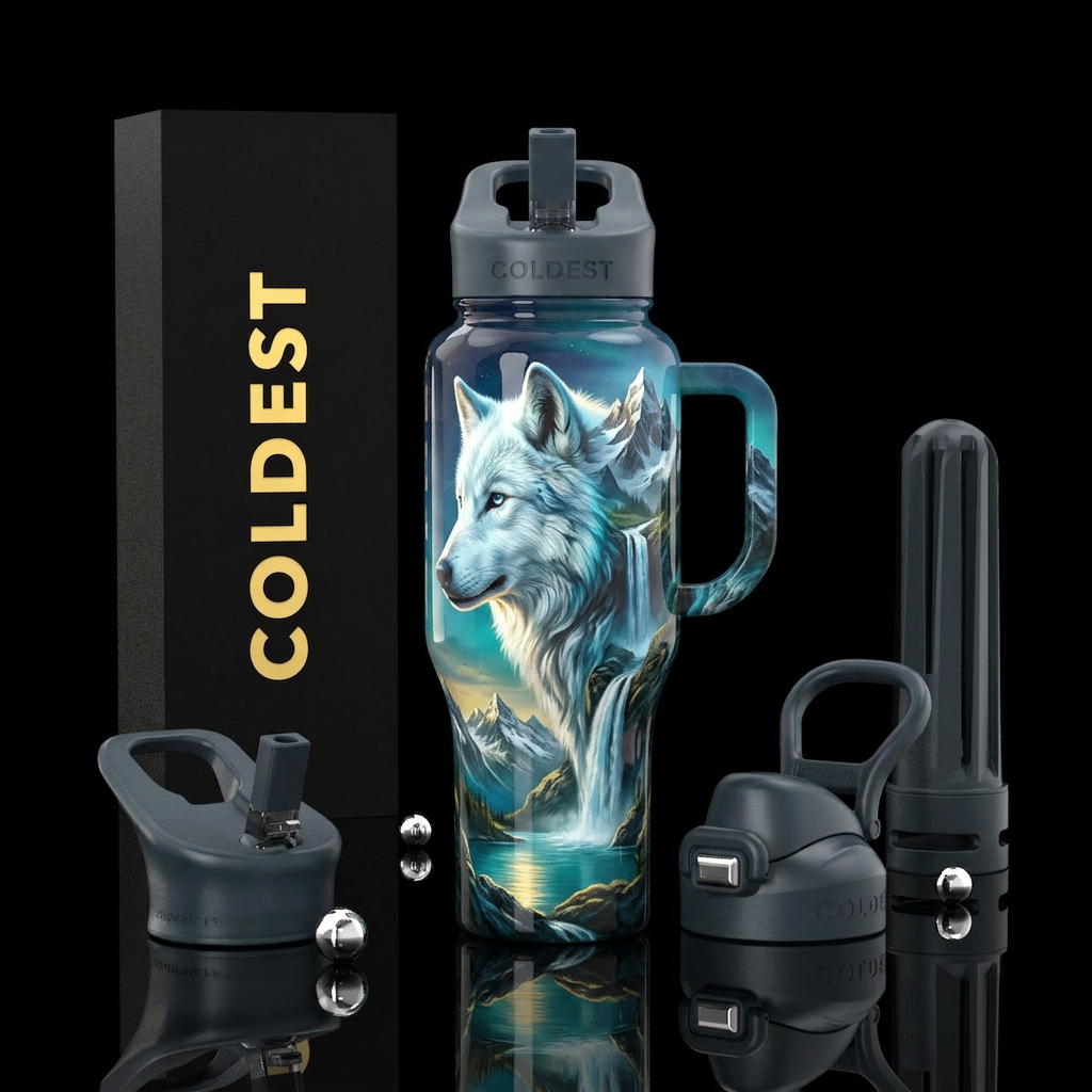 Beautiful wolf mountain scene water bottle design