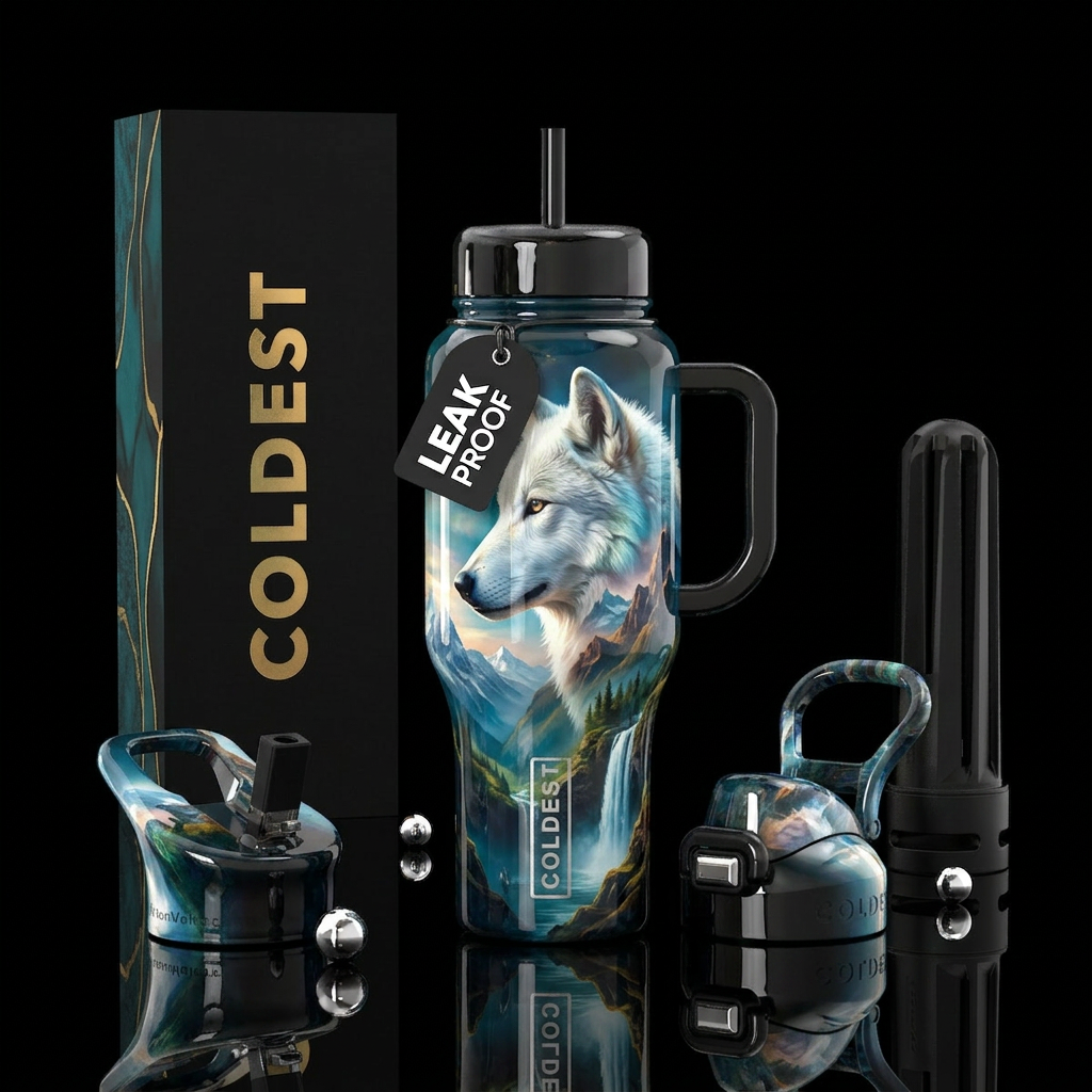 Wolf and mountains water bottle design