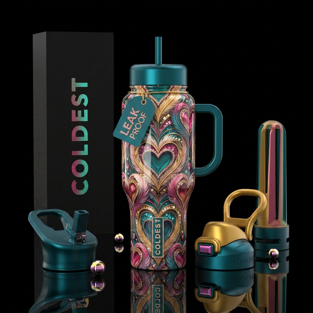 Feathering hearts water bottle design