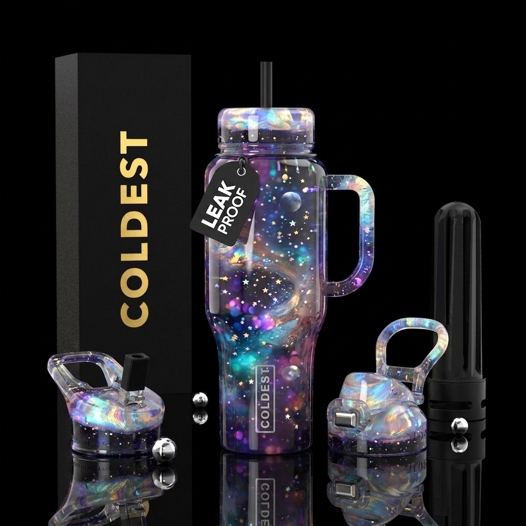 Glowing galaxy stars water bottle design