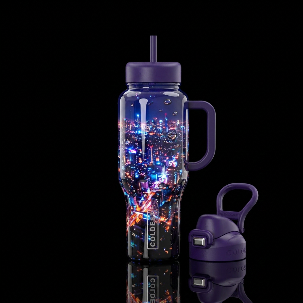 City from a hill lights water bottle design