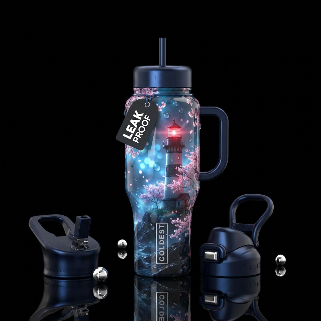 Cherry blossoms and lighthouse water bottle design