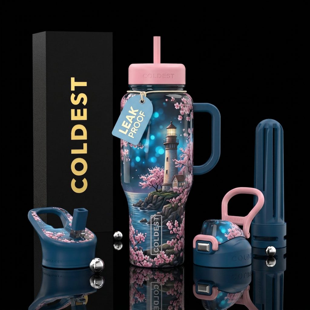 Lighthouse and cherry blossoms water bottle design