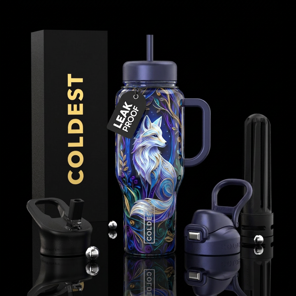 Beautiful white fox art water bottle design