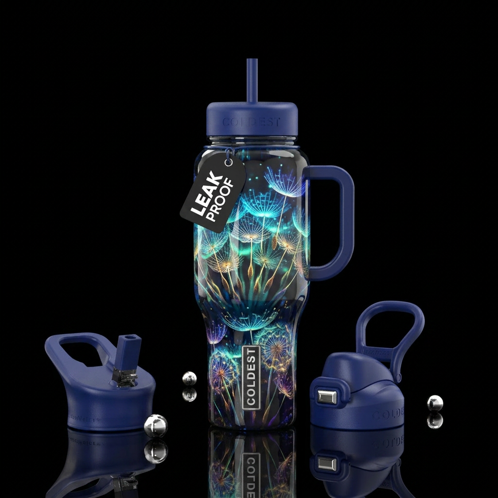 Dandelion puff blowing around water bottle design
