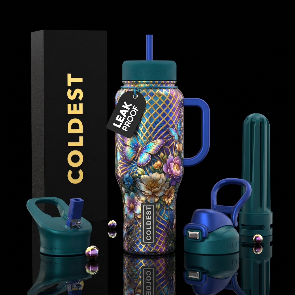 Flowers webs and butterflies water bottle design