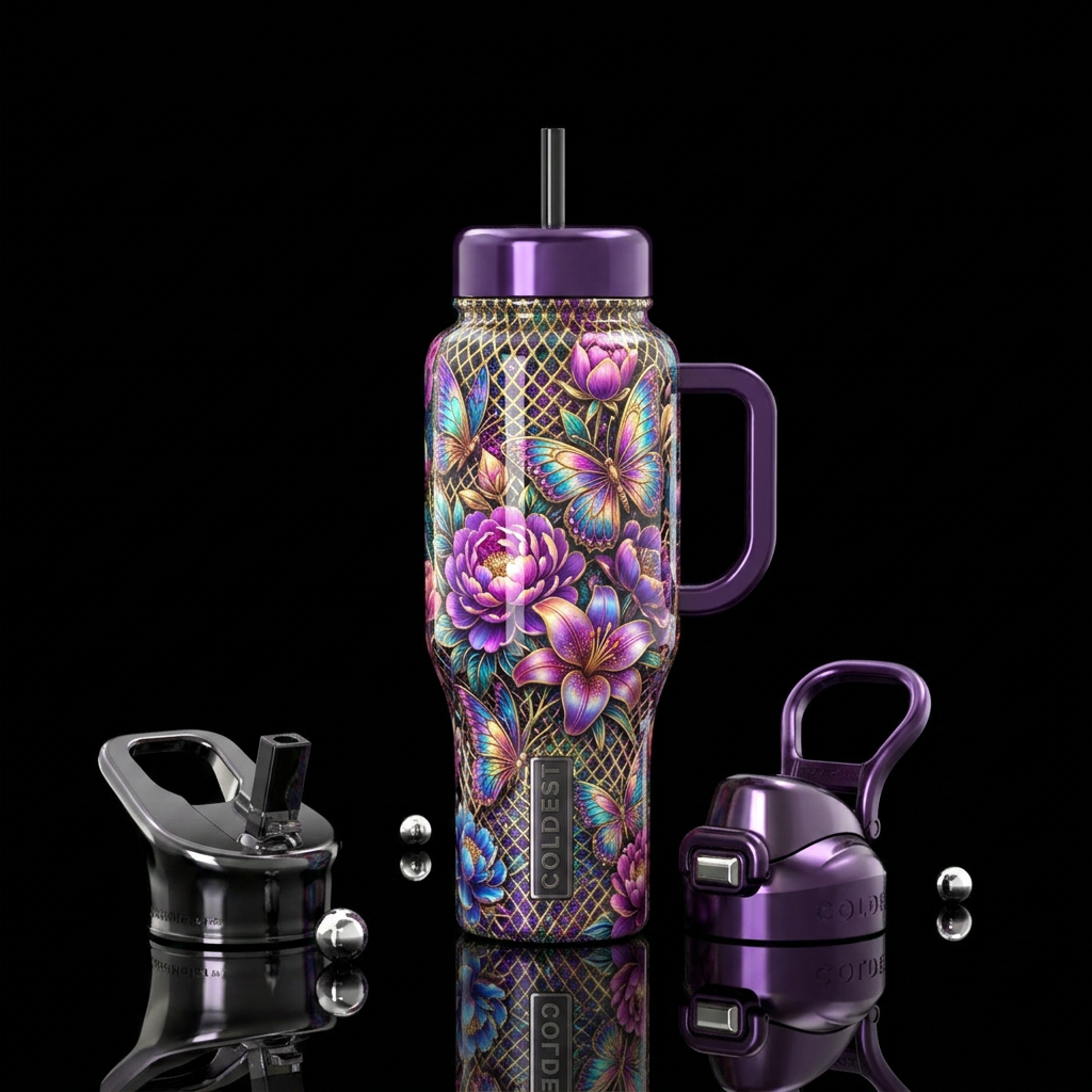 Beautiful webbing flowers and butterflies water bottle design