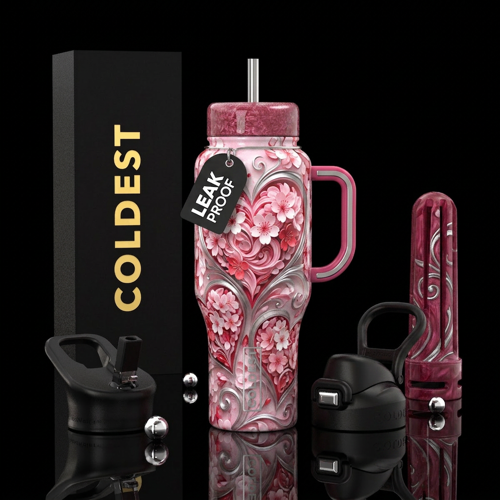 Hearts and cherry blossoms water bottle design