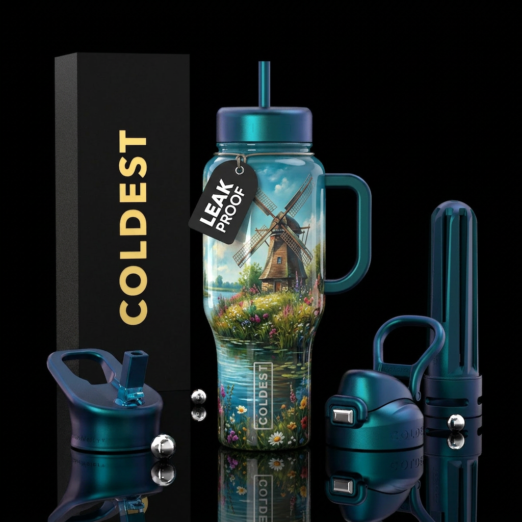 Windmill and wildflowers water bottle design