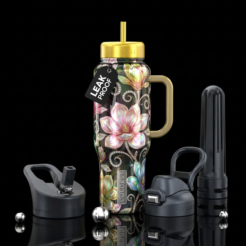 Magnolias and diamonds water bottle design