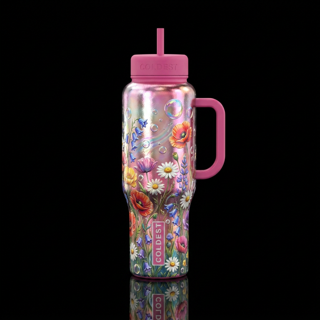 Field of wildflowers with bubbles blowing in the breeze water bottle design