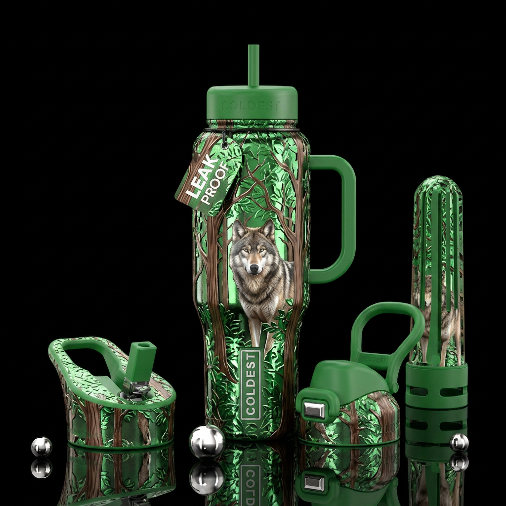 Timber wolf water bottle design