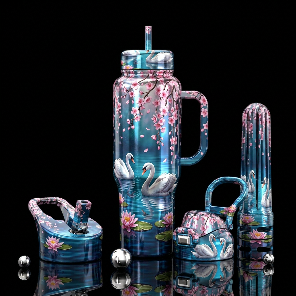 Swans n blossoms water bottle design