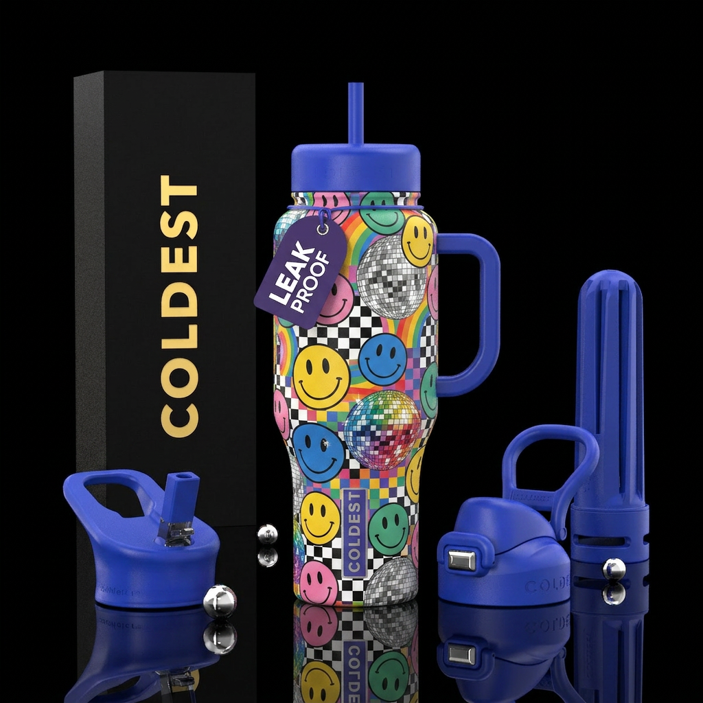 Smiley faces checkered squares disco balls water bottle design