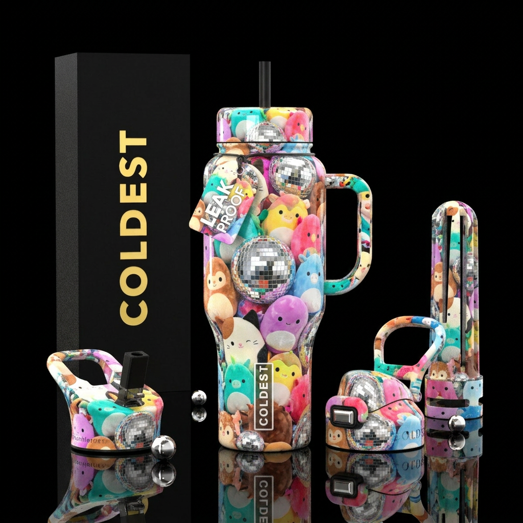 Squish mellows disco balls water bottle design