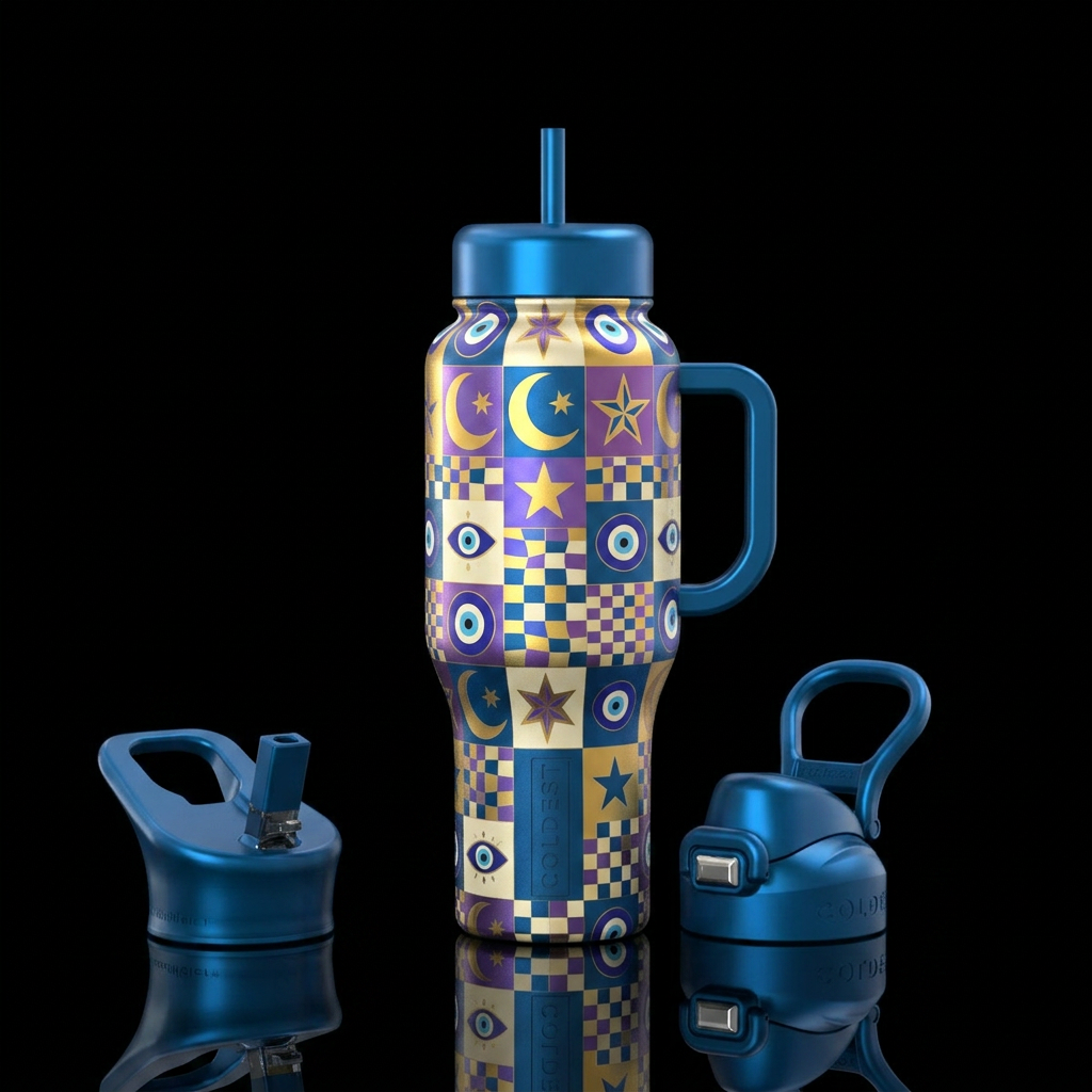Moon stars evil eye checkered squares water bottle design