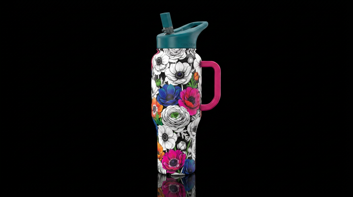Anemone poppy ranunculus modern aesthetic black an... water bottle design