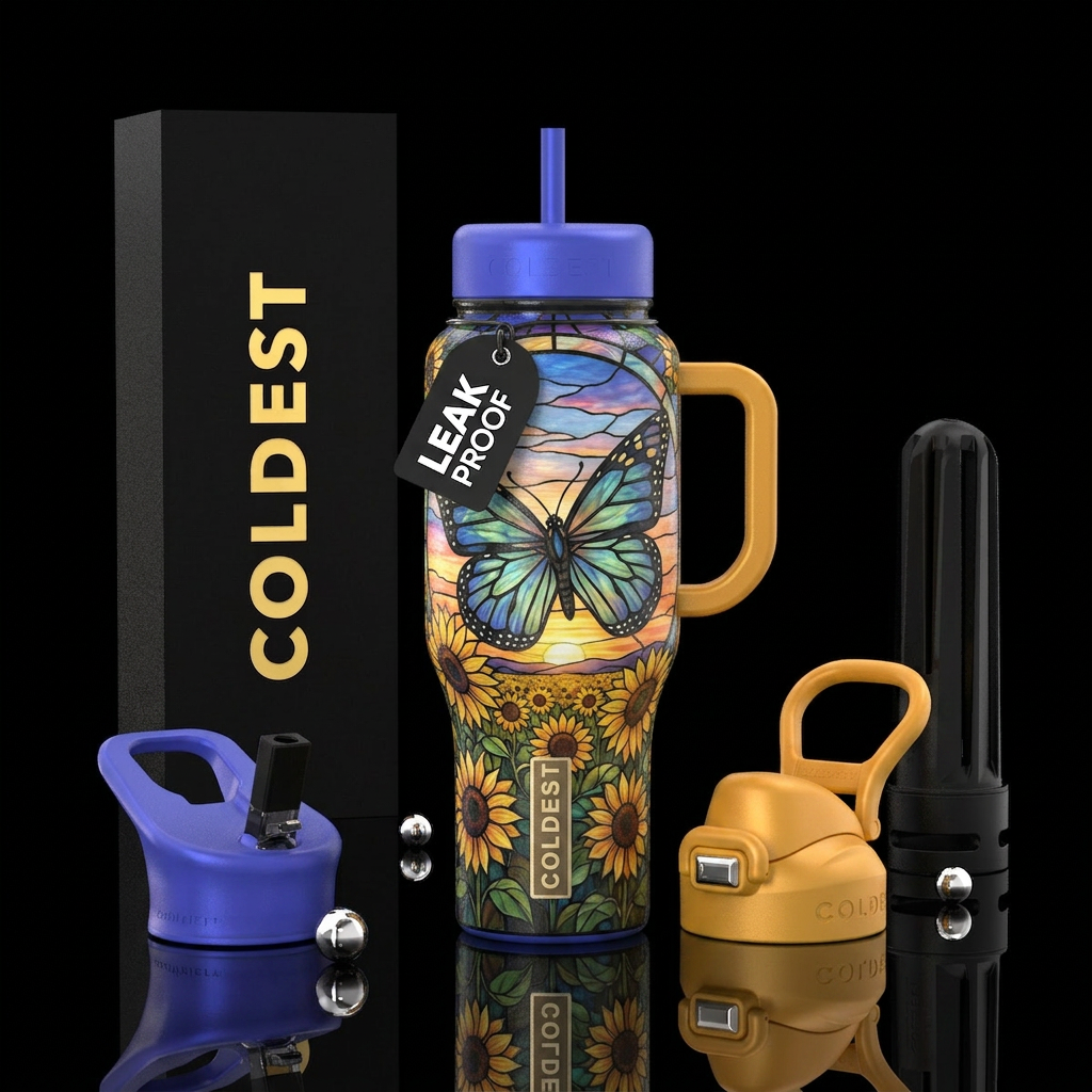 A stained glass monarch butterfly that is blue and... water bottle design