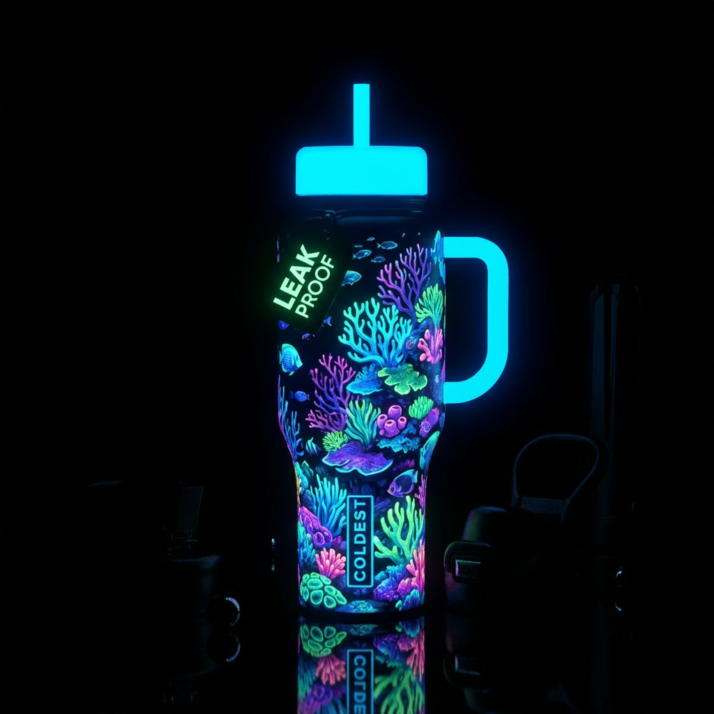 Bioluminescent coral reef with vibrant neon colors... water bottle design