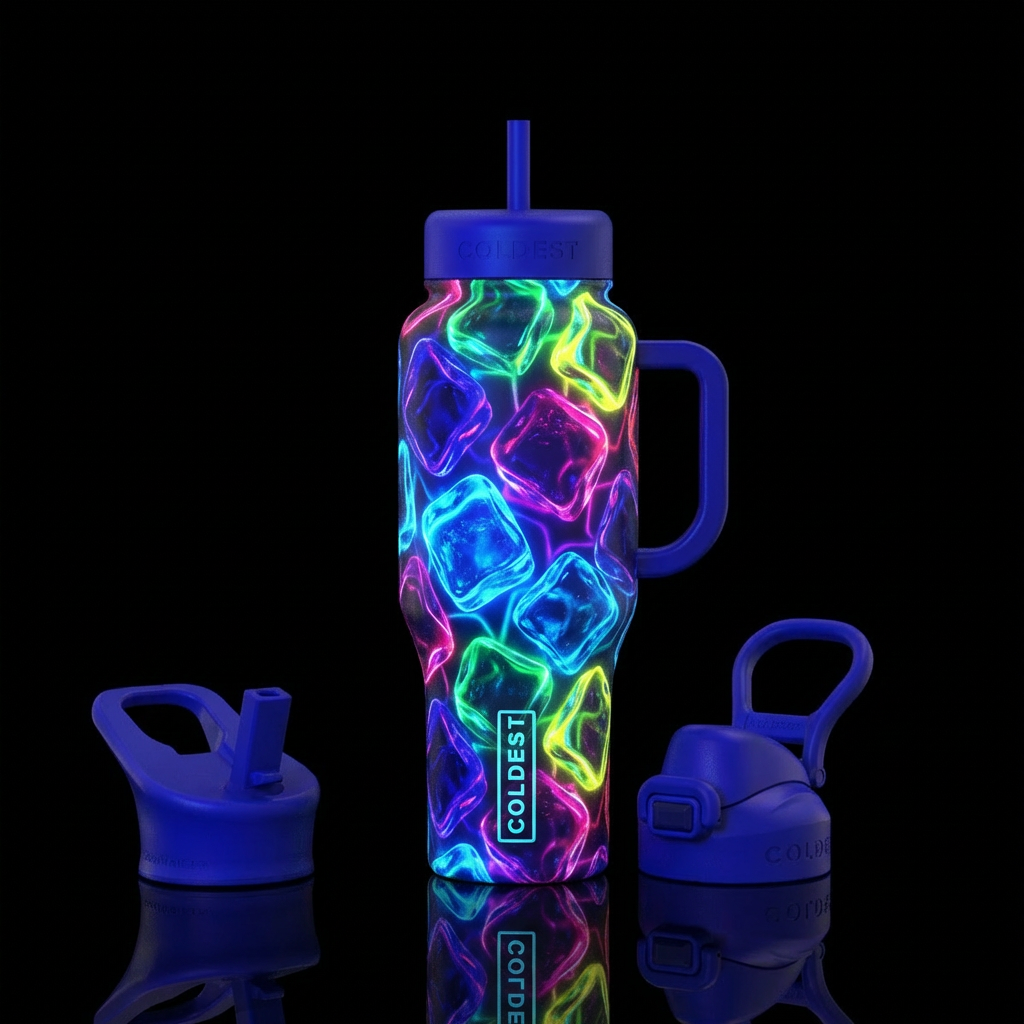 Different color ice cubes neon glowing with glowin... water bottle design