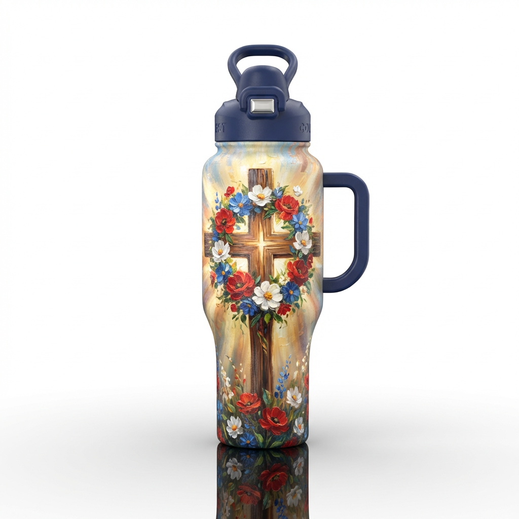 3d oil painted wooded cross with red white and blu... water bottle design