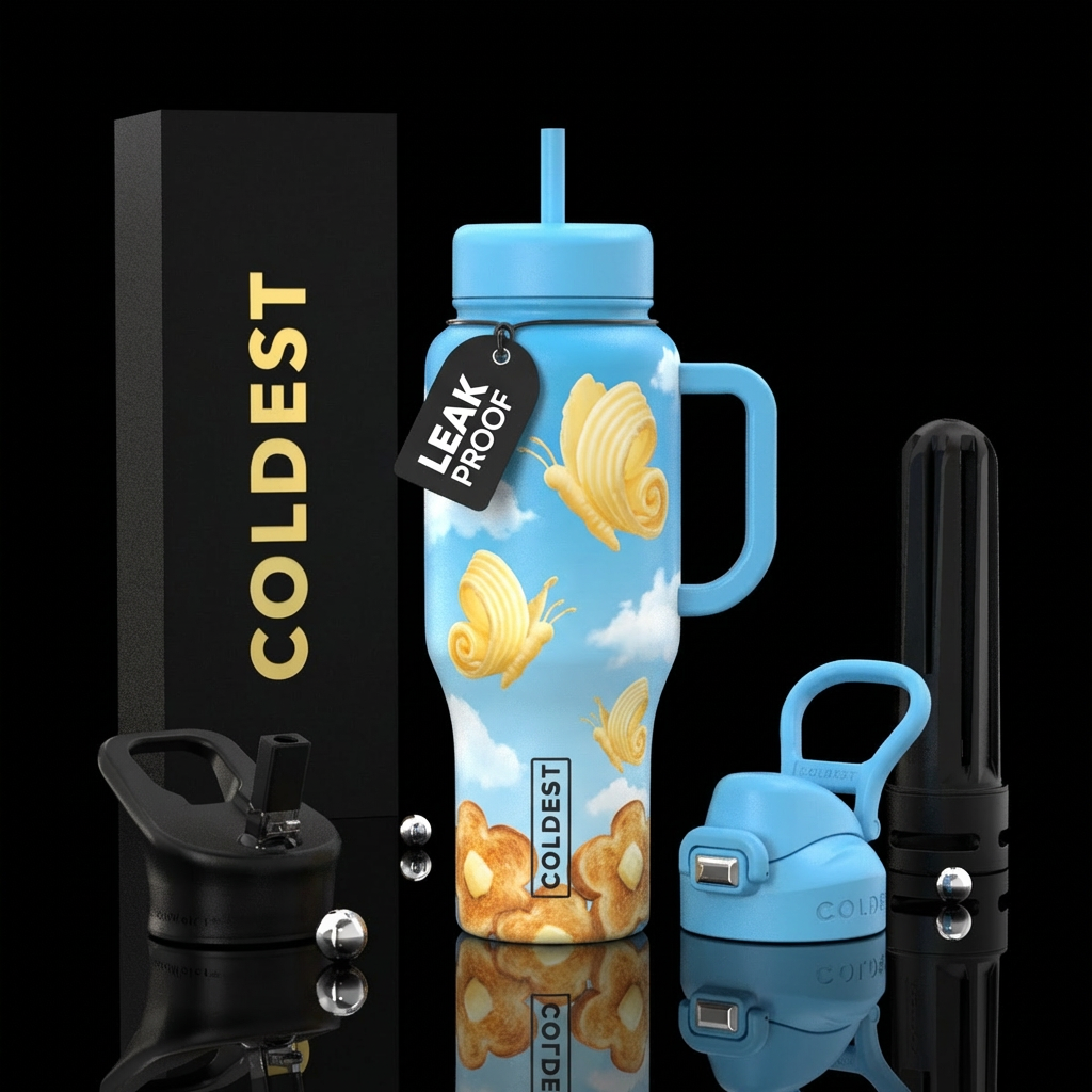 Butterflies made of butter on sky blue cup with wh... water bottle design
