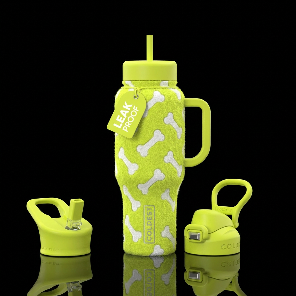 Cup made of a tennis ball with dog bone pattern wi... water bottle design