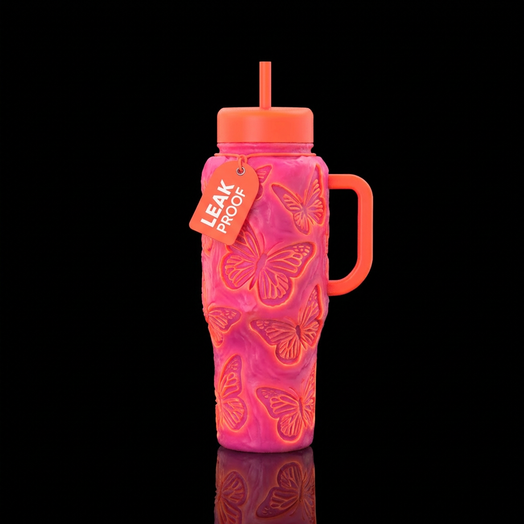 Pink and orange neon wax with carved butterflies w... water bottle design