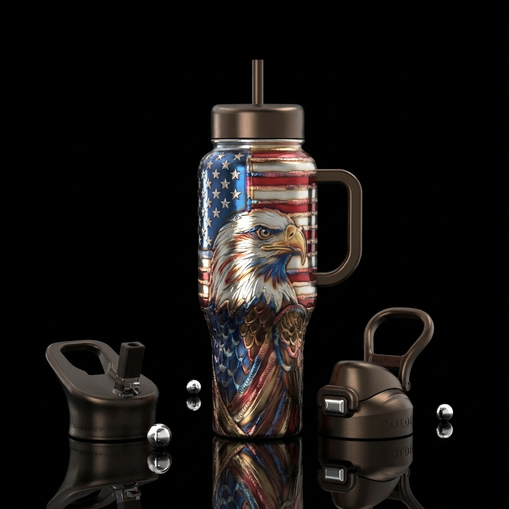 Metal cup with eagle and American flag weld water bottle design