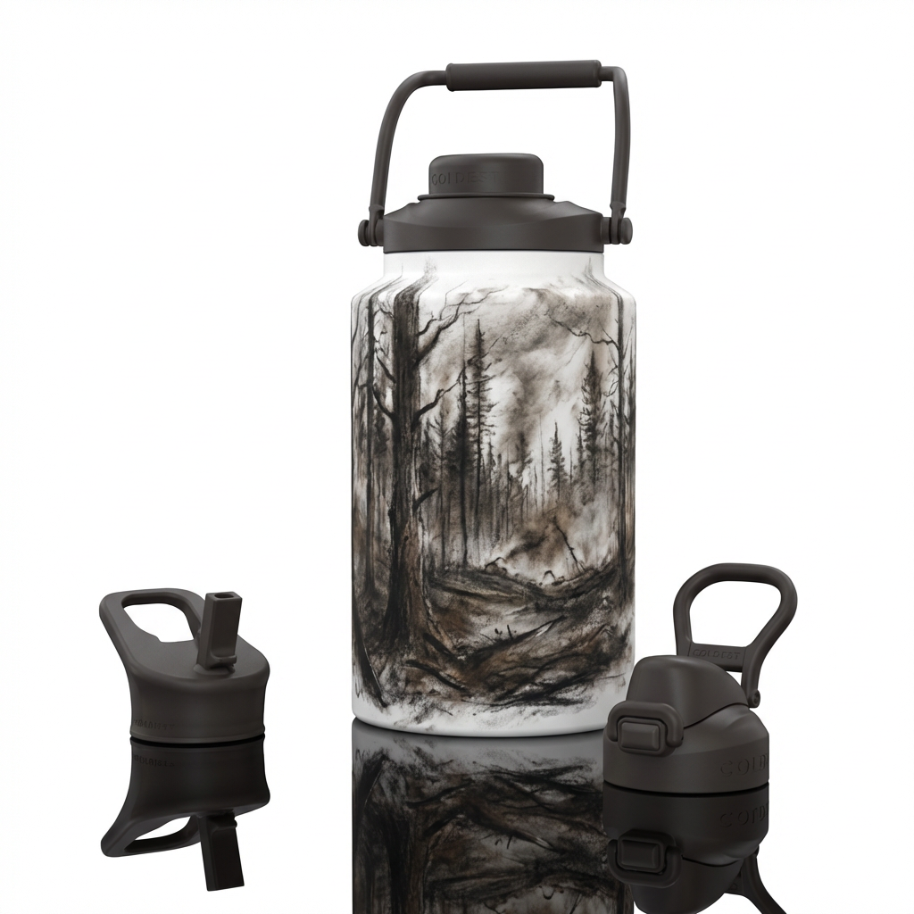 White cup with scorched thick forest drawn in soot... water bottle design