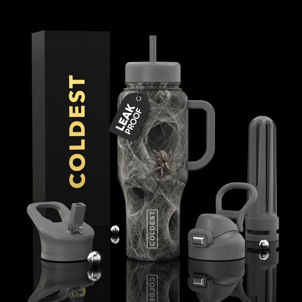 Made of thick old dusty cobweb tunnels with spider... water bottle design
