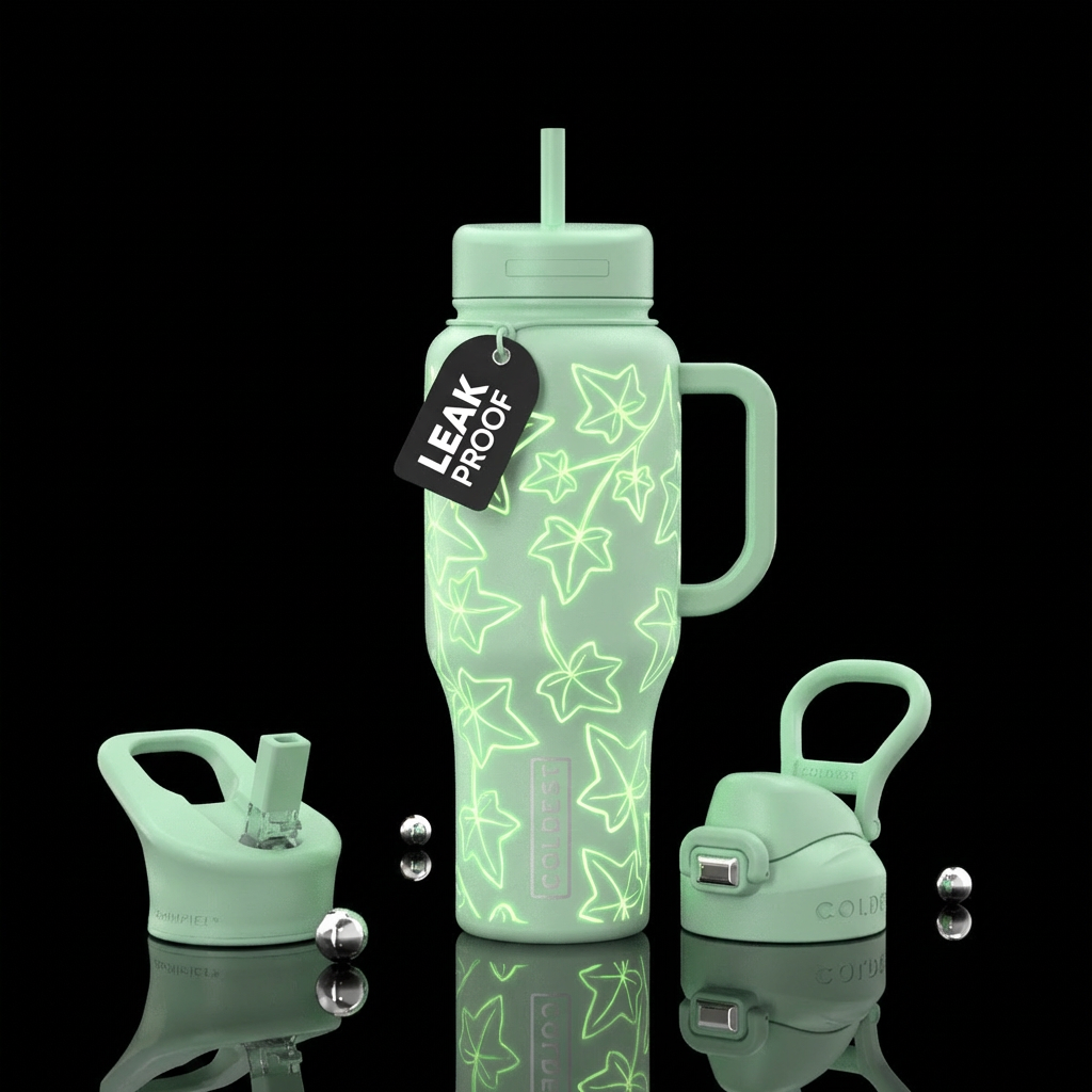 Pastel green cup with florescent ivy outline desig... water bottle design